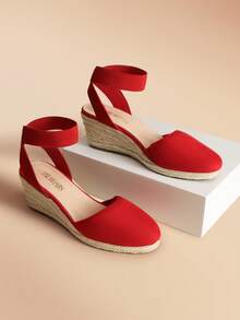 Women's 2.2-Inch Espadrilles Wedge Sandals Closed Toe Elastic Ankle Strap For Vacation Commuting Summer Shoes - 紅色 - 查看 1