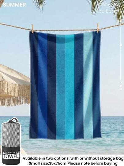 1pc Printed Beach Towel, Swim Towel, Gradient Blue Stripes Bath Towel, Fashion Style Beach Towel, Super Absorbent Bath Towel For Bathroom, Swimming, Fitness, Yoga, Soft And Comfortable Microfiber Towel, Lightweight And Portable, Wind And Sun Protection, Sandproof For Summer Travel, Vacation Holiday Bathroom Decor, Recommend Regular Sizes And Larger Sizes, (35*75cm Small Size Towel,150cm Or Above Recommended)