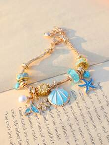 1pc Ocean Style Charm Bracelet, Starfish & Shell Charm Bracelet, Shell & Conch DIY Bracelet, Fashionable Boho Holiday Style Bracelet, Fashionable Cherry Blossom Flower Charm Bracelet - Gold - View 6