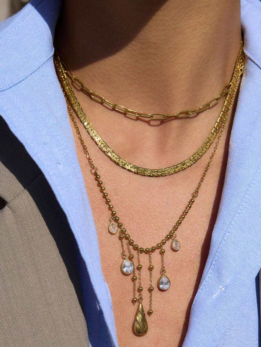 rundraw 1pc New Geometric Chain Water Drop Tassel Zirconia Inlaid Stainless Steel Gold Necklace For Women, Suitable For Parties, Galas, Weddings, Daily Wear, Gifts For Friends And Loved Ones - Gold - View 1