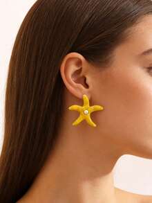 1 Set Asymmetrical Starfish Design Stainless Steel & Plastic Earrings, Fashionable & Elegant, Suitable For Women's Beach Vacation, Gathering With Friends, Or Beach Dates - Yellow Gold - View 3
