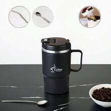 304不鏽鋼保溫咖啡杯 500ML，保溫保冷，內建茶濾器，附折疊湯匙與吸管，防漏杯蓋，適合辦公室，情人節、母親節、聖誕節禮物，優雅飲具，耐用水杯，咖啡吧配件 - 黑色+咖色+米色+銀色 - 查看 10