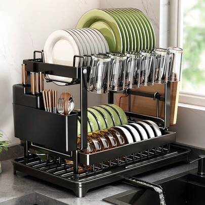 2-Tier Heavy-Duty Stainless Steel-Like Dish Drying Rack With Knife Slots, Utensil Holder & Drainboard, Space-Saving Kitchen Counter Organizer,Perfect Gift For Women, Wife, Mother's Day Kitchen Gadget,Christmas Gifts