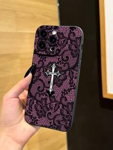 1pc New Unique Lace Cross Pattern Creative Phone Case, Compatible With Apple 17 Pro Max/Air, 11/12/13/14 Plus, XR/7/8 Plus/15 Pro Max, Series - Black - View 5