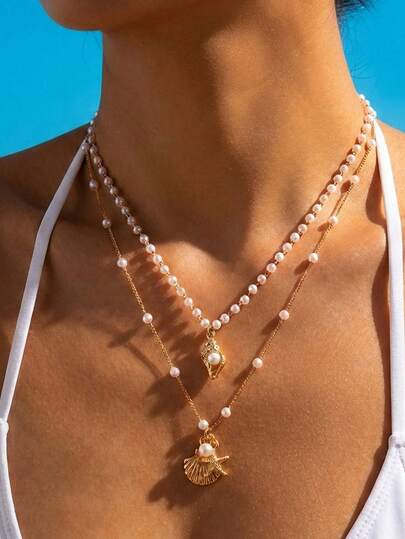 2 件套海星仿珍珠贝壳项链套装，海星多层项链，海螺仿珍珠链项链，非常适合夏季海滩度假。