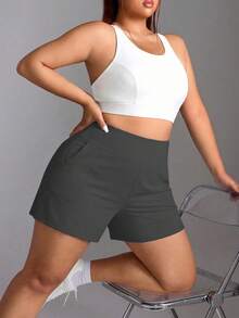 Plus Size Women's High Waist Elastic Tummy Control Fitted Shorts, Casual Fashion Side Split Pockets Outdoor Exercise Bermuda Shorts, Spring/Summer Sports - Black - View 5