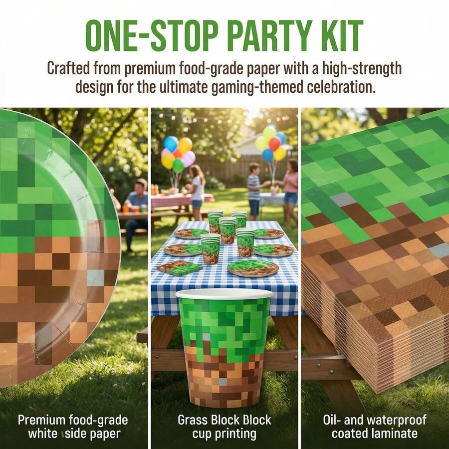 Bộ đồ ăn dùng một lần kiểu pixel 50 món này bao gồm 10 đĩa ăn, 10 đĩa tráng miệng, 10 cốc giấy và 20 khăn ăn. Bộ đồ ăn tiện dụng này rất phù hợp cho cắm trại, dã ngoại, tiệc nướng ngoài trời, tiệc mừng em bé, đám cưới và tiệc sinh nhật. - Nhiều màu - Xem 1