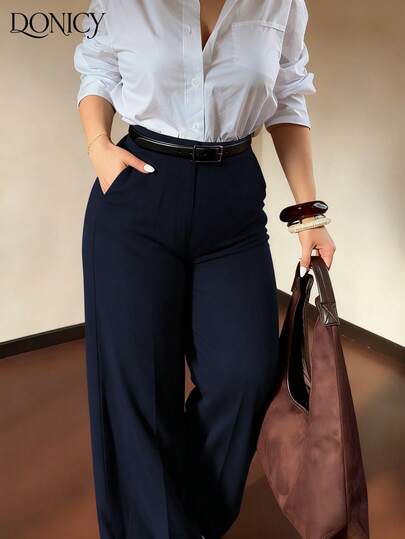 DONICY Plus Size Women's Wide Leg Pants, Draping Fabric, High Waist Metal Buckle Decor, Versatile For Office & Casual Wear