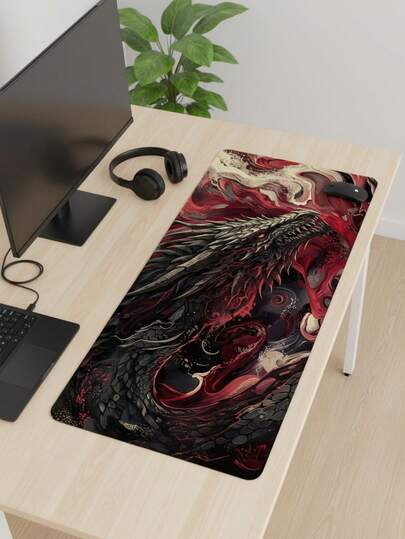 Extra Large Gaming Desk Mat And Mouse Pad - Crimson Dragon & Fluid Dark Pattern Design, Dark Fantasy Visual, Non-Slip Rubber Base, Smooth E-Sports Surface, Also Suitable As Keyboard Pad, Desk Mat Or Book Stand, For Gamers, Office And Dorm Use, Computer, Office And Gaming Environment, Gift For Gamers, Compatible With Mouse And Trackball
