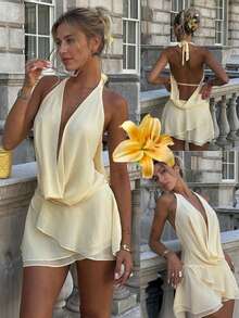 2026新款雪纺吊带低胸露背荷叶边系带迷你连衣裙，女士夏季度假连衣裙，优雅派对连衣裙，沙滩连衣裙，Y2K风格，适合派对、婚礼、生日等场合 - 香檳色 - 查看 10