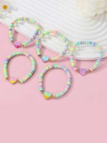 5pcs/Set Kids' Fashion Dopamine Rainbow Handmade Woven Soft Clay & Zinc Alloy Heart Flower Pattern Bracelet Set, Suitable For Daily Wear, Festivals, Gift - Multicolor - View 4