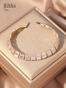 Hihho 1 pieza Elegante pulsera de tenis con brillo, diseño de cadena cuadrada y trapezoidal, pulsera de con circonita incrustada, adecuada para niñas, regalo para vacaciones, boda, compromiso, fiesta de aniversario - Pulsera de tenis - Ver 5