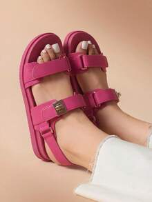 Flat Sandals For Women Comfortable Open Toe Summer Sandals Adjustable Fashion Cute Casual Sandals Shoes - 玫紅色 - 查看 2