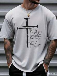 Men's Christian Faith Graphic T-Shirt - The Way The Truth The Life Cross Design, % Cotton Breathable Regular Short Sleeve T-Shirt, Suitable For Spring Summer Casual And Outdoor Wear, Religious Theme Clothing, Casual Wear Bold Graphic T-Shirt Comfortable Style, Christian T-Shirt - Unisex Plus Size Top - 灰色 - 查看 4