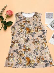 Women's Leaf & Floral Print Sleeveless Top, Fashionable Elegant Casual Daily Wear Vacation Summer - Apricot - View 1