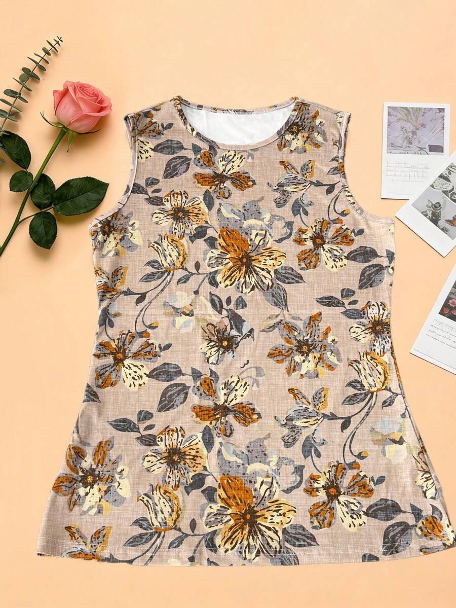 Women's Leaf & Floral Print Sleeveless Top, Fashionable Elegant Casual Daily Wear Vacation Summer - Apricot - View 1