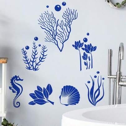 Ocean Seaweed Grass Wall Stickers Seahorse Silhouette Wall Bathtub Self Adhesive Turtle Under The Sea Peel And Stick Wall Art Decals For Kitchen Bedroom Living Room Bathroom Deco, Home Deco