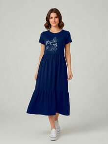 Women's Three-Maria Midi Dress By Aveloz, Cat Animal Print. - Màu xanh hải quân - Xem 2