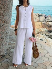 PoPoHouse 女士 100% 纯棉两件套，无袖纽扣门襟上衣搭配宽松阔腿裤，适合日常休闲办公通勤、夏季海滩度假外出穿着，白色套装 - 白色 - 查看 11
