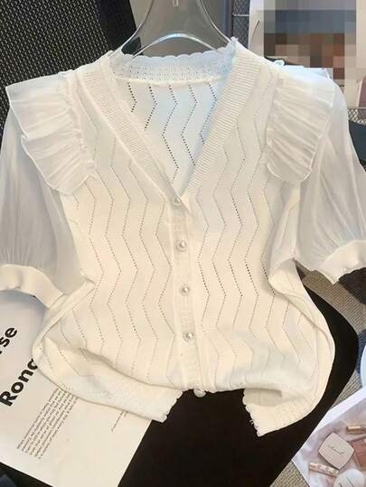 Áo kiểu nữ tay ngắn xếp ly bằng vải chiffon thoáng khí, thời trang, thích hợp cho mùa hè.