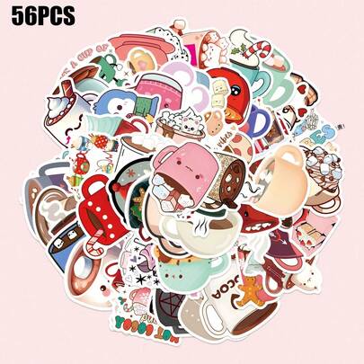 56张可爱卡通风格贴纸 - 设计包括咖啡杯、热饮、甜点和冬季小吃，可爱美观的贴纸，适合装饰笔记本电脑、手机、吉他、水瓶、汽车、自行车、行李箱、剪贴簿、乐器 - 非常适合作为派对礼物、奖励和节日礼物