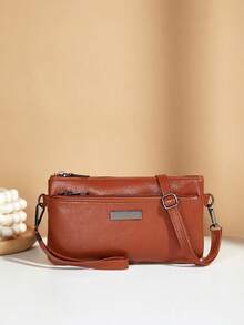Cartera de mano larga de unicolor, bolsa con cremallera multifunción con múltiples compartimentos y ranuras para tarjetas - Marrón - Ver 2