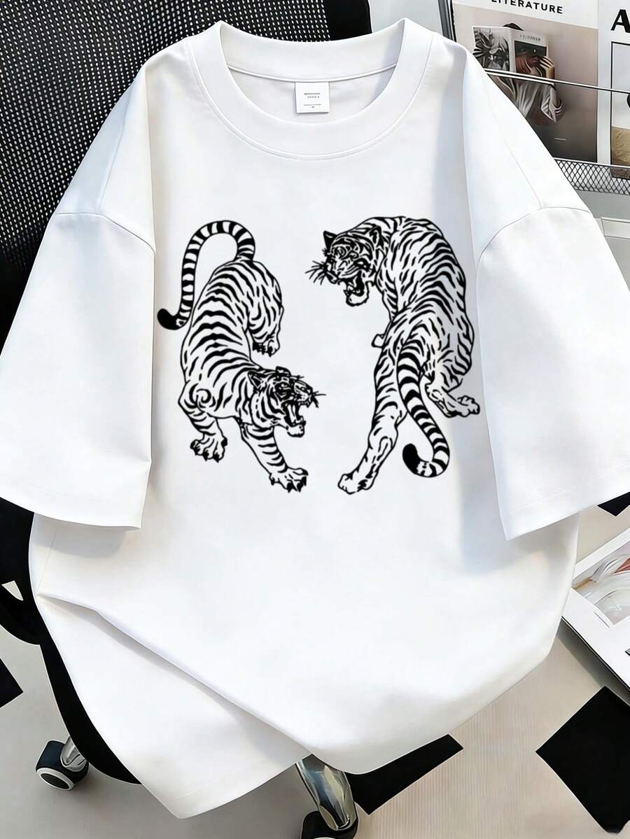 复古虎纹印花T恤，加大码女款宽松圆领短袖休闲虎纹图案T恤，女式上衣 白色 - 白色 - 查看 1