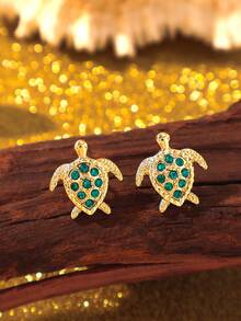 一对时尚精致的镶钻海龟耳环，适合休闲、海滩、度假、日常佩戴 - 小海龜耳釘 - 查看 10