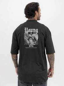 Oversized T-Shirt With High Neck And Print, Young Streetwear, Unisex Cotton - 黑色 - 查看 1