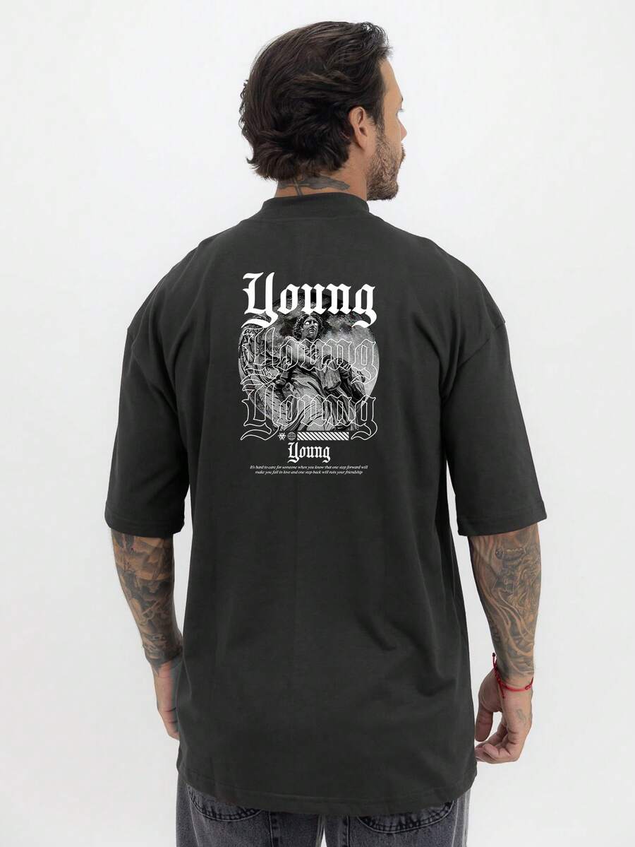 Oversized T-Shirt With High Neck And Print, Young Streetwear, Unisex Cotton - 黑色 - 查看 1