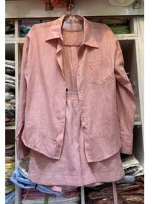 Linen Shirt And Shorts Set (2 Pieces), Lined With Elastic. - 西瓜粉 - 查看 1