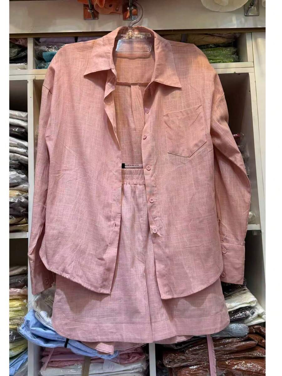 Linen Shirt And Shorts Set (2 Pieces), Lined With Elastic. - 西瓜粉 - 查看 1