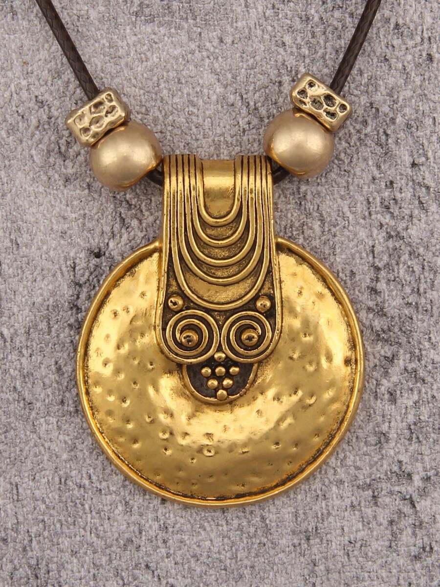 1 chiếc vòng cổ dài tối giản thời trang dành cho nữ, vòng cổ mặt dây chuyền phong cách Bohemian với đĩa khắc hạt cườm, phụ kiện dự tiệc lễ hội âm nhạc, quà tặng cho bạn trai/bạn gái. - Tấm bảng tròn dập nổi + hạt cườm - Xem 1