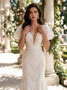 HEARBOBO Mesh Petal Sleeve Deep V-Neck Lace Trim Luxurious Bohemian Mermaid Dress, Elegant French Style Wedding Gown - White - View 4