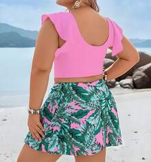 Large Size Pink Green Contrasting Split Swimsuit With Lotus Leaf Fly Sleeves, V-Neck To Cover The Accessory Breast, High Waist Skirt Style Slimming Vacation Swimsuit - 花色 - 查看 2