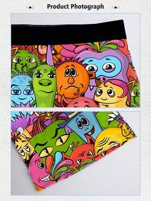 男士趣味平角内裤，卡通涂鸦印花，可爱怪兽主题，针织面料，宽松运动版型，透气吸汗，柔软亲肤，休闲运动平角内裤 - 彩色 - 查看 7
