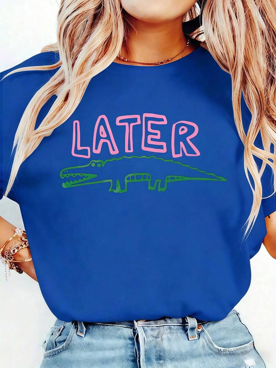 Women's Funny Later Gator T-Shirt - Sarcastic "Later" Crocodile Graphic Tee In White & Pink - Lightweight Everyday Shirt For Women - Machine Washable Casual Top, Allseason Apparel, Playful Graphic Shirt, Comfortable Fit ShirtBreathable All-Season Round Neck Printed T-Shirt - 藍色 - 查看 1