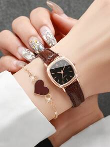 Set de 2 piezas: Reloj de pulsera de cuarzo elegante para mujer con esfera cuadrada y esfera pequeña + Pulsera con dije de corazón (Caja de reloj no incluida) - Marrón - Ver 2