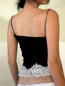 Women's Lace-Trimmed Button-Front Cami Top - Slim Fit, Spaghetti Straps, Sleeveless Summer Tank - Ideal For Everyday Wear, Dinner Dates, Outdoor Dining, Champagne Bars, Girls' Gatherings, Rooftop Bars, And Vacations. - màu đen - Xem 2