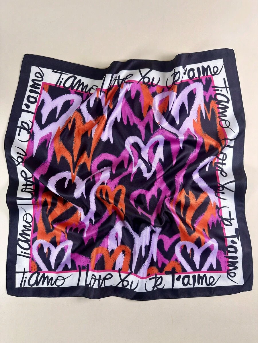 1条女士优雅心形标语印花真丝围巾，时尚配饰 - 彩色 - 查看 1