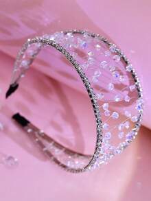1pc Shiny Silver Crystal Rhinestone Wide Headband, Minimalist Fashion Crystal Beaded Hollow Hair Hoop, Suitable For Bride, Wedding, Celebration, Outing, Party, Casual Wear Hairband - Silver - View 6