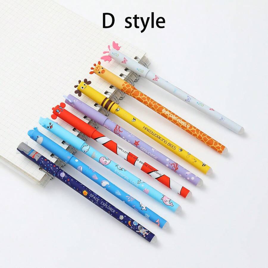 8pcs Erasable Gel Pens, Multiple Ink Colors And Barrel Designs, 0.5mm Tip, Assorted Animal Patterns, Ideal For Children's Parties, Back To School Supplies, Fun Stationery, Birthday Gifts - Multicolor - View 1