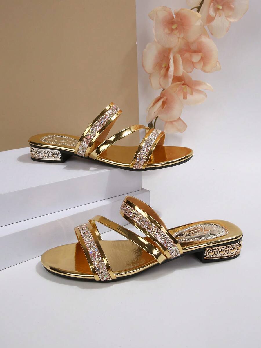 Dép xăng đan đế bằng cho nữ, dép xỏ ngón đính đá và kim sa mùa hè, thời trang cho hoạt động ngoài trời. - Vàng - Xem 1