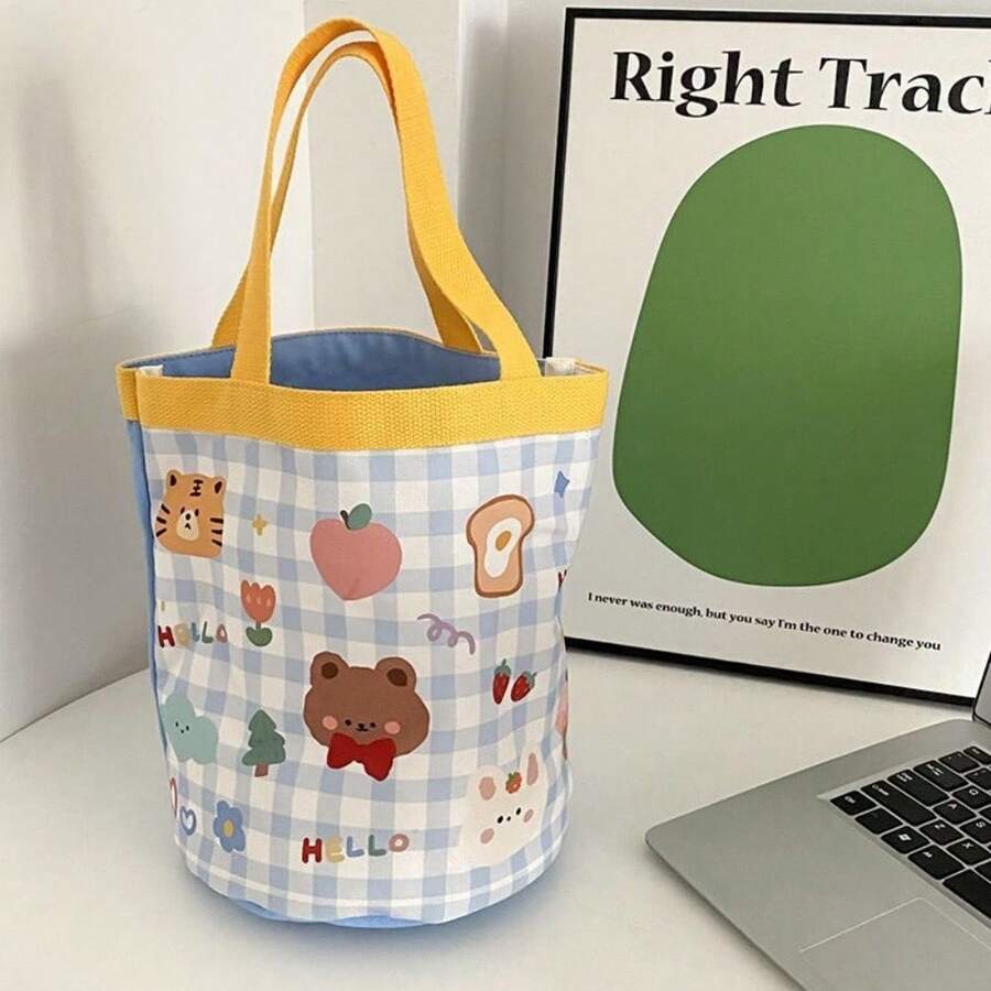 1pc Cute Graffiti Bucket Bag, Printed Cylinder Bag, Canvas Lunch Bag, Hand-Held Lunch Box Bag, Mommy Bag. - Multicolor - View 1
