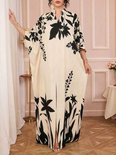 Solessence 女式大码春夏阳光/植物元素印花齐肩宽松阿拉伯前中开衩长裙，是春季度假的重要时尚单品