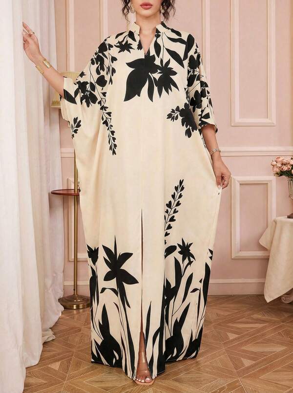 Solessence 女式大码春夏阳光/植物元素印花齐肩宽松阿拉伯前中开衩长裙，是春季度假的重要时尚单品