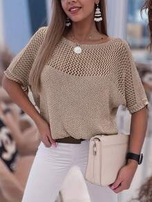 Women's Hollow Out Loose Fit Asymmetric Neck Knit Top, Suitable For Summer Vacation - Apricot - View 2