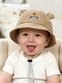 1pc A-Z Rainbow Letter Baby 3D Bear Ear Bucket Hat - Khaki Cute Cap Adjustable Anti-Drop Strap Infant Outdoor Sun Hat - Khaki - View 2