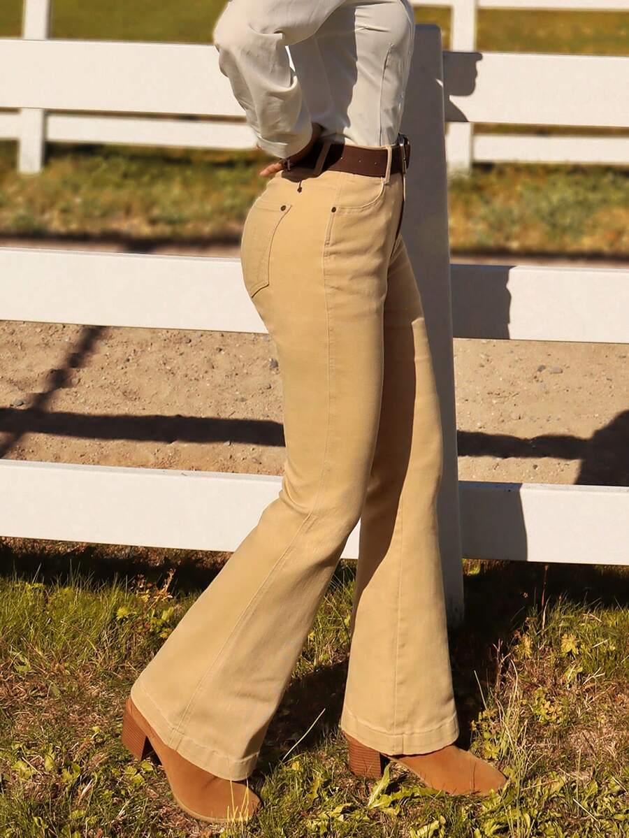 Quần jeans ống loe cạp cao màu kaki - Phong cách tối giản, màu trơn, kiểu phương Tây, dáng ôm vừa vặn. - Màu Khaki - Xem 1