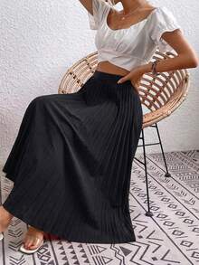 【3D褶皱弹力腰身设计】宽松飘逸的黑色雪纺半身裙，优雅百搭，适合春秋季工作、约会、正式场合及日常穿着。 - 黑色 - 查看 10